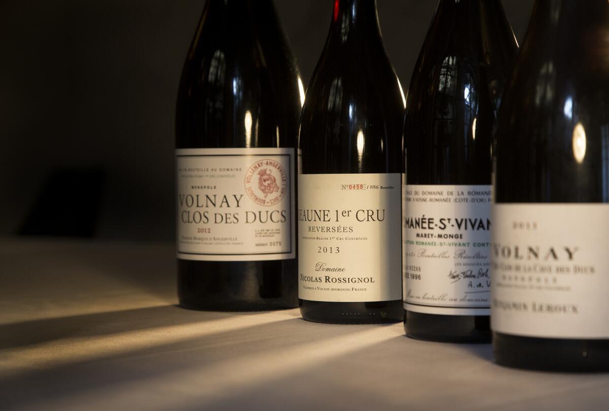 Top burgundy wines at Spago, from left: a 2012 Volnay Clos des Ducs, magnum; 2013 Beaune Premier Cru from Nicolas Rossignol; 1996 Romanée St. Vivant; 2011 Volnay from Benjamin Leroux.
