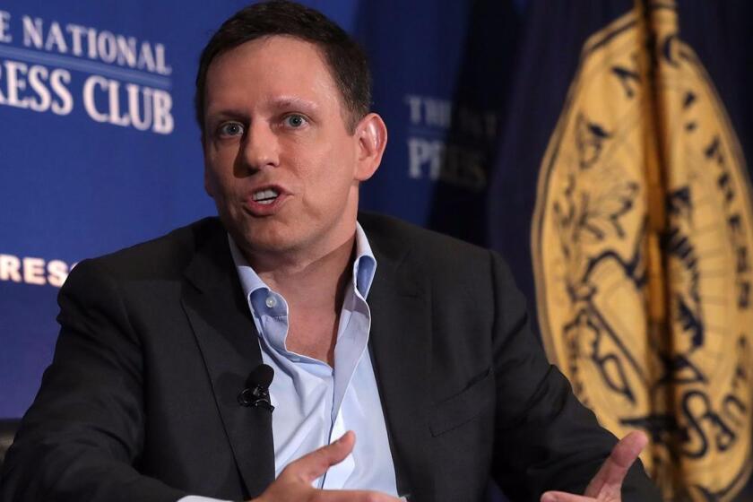 Peter Thiel talks Monday in Washington about his support for Donald Trump.