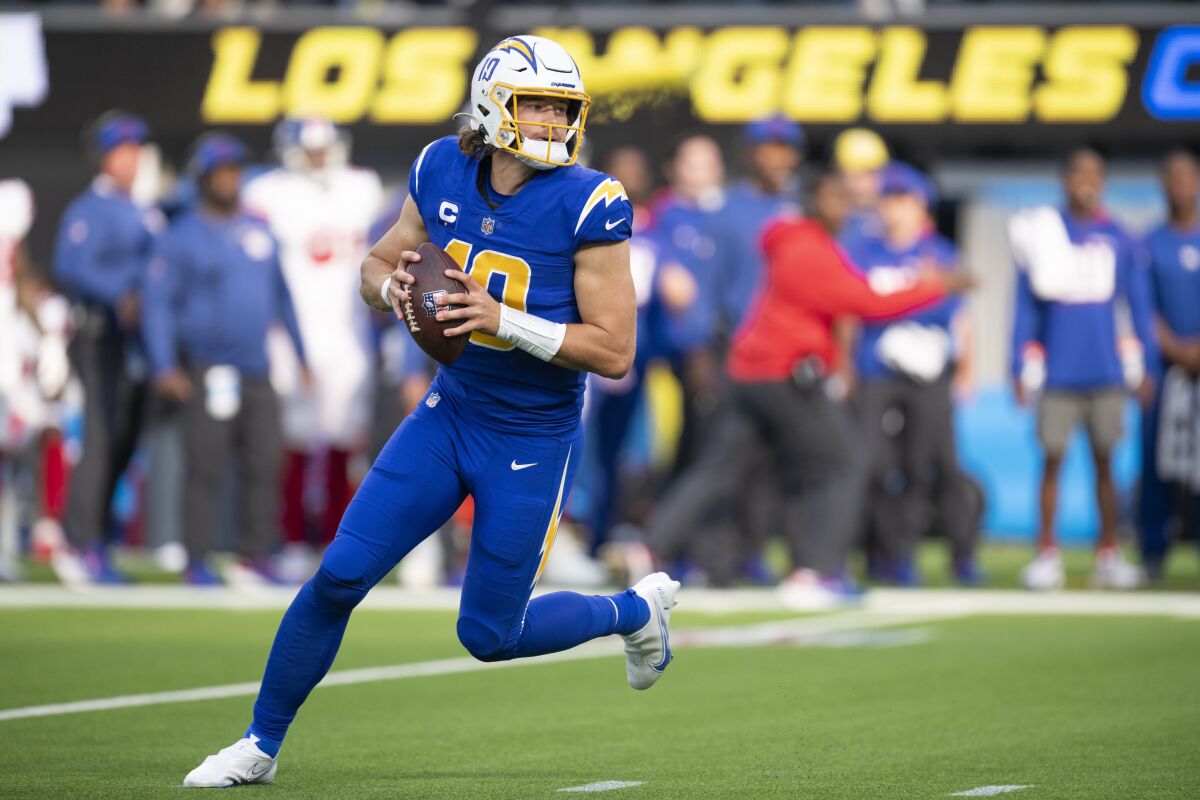 Chargers quarterback Justin Herbert looks to pass against the New York Giants on Sunday.