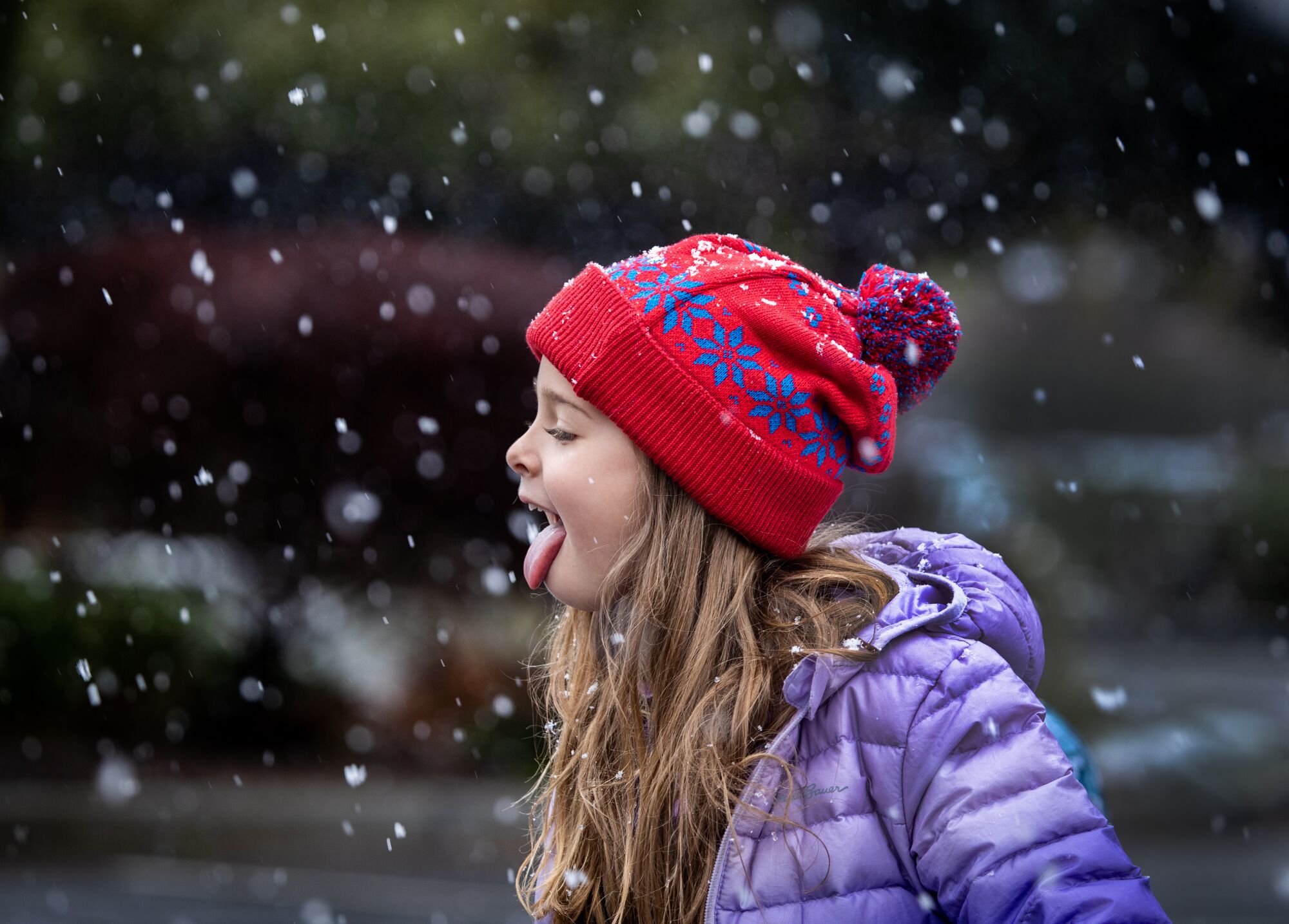 Bailey Griffin, 6, of Yucaipa, catches snow on her tongue amidst a rare snow storm in Southern California