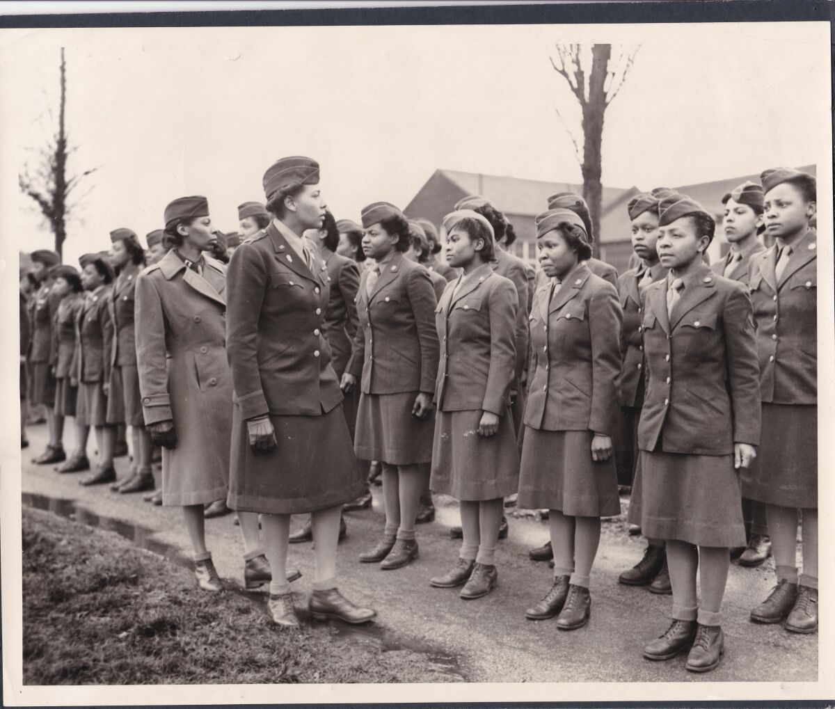 In this photo provided by the U.S. Army Women's Museum, members of the 6888th battalion stand in formation in Birmingham, England, in 1945. The Women's Army Corps battalion, which made history as the only all-female Black unit to serve in Europe during World War II, is set to be honored by Congress. (U.S. Army Women's Museum via AP)