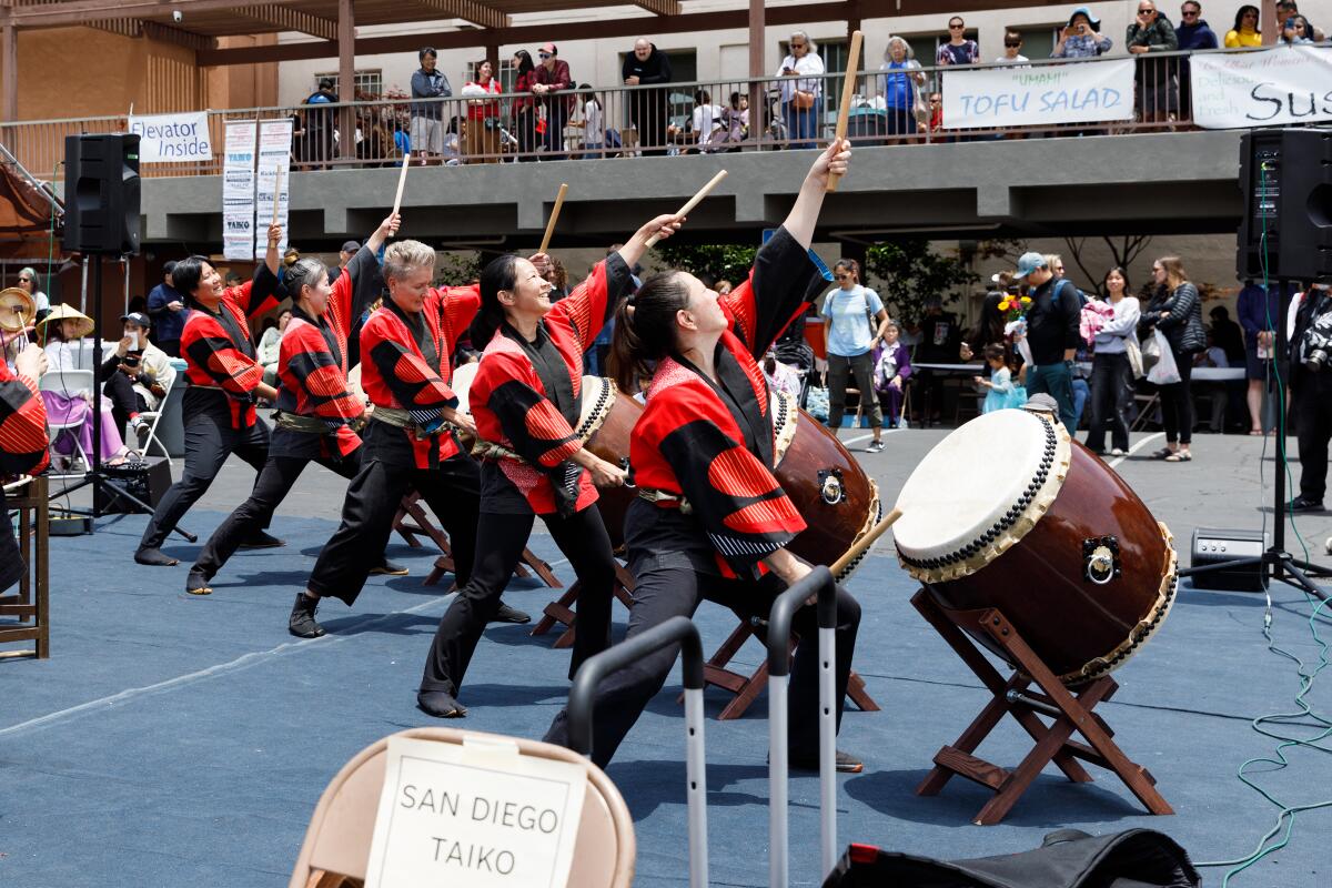 San Diego Taiko performs during the Japanese Cultural Bazaar at the Buddhist Temple of San Diego on Sunday.