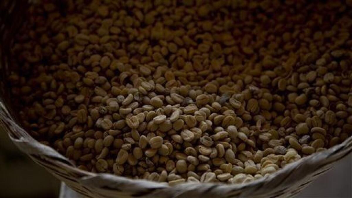 Coffee beans are stored at a coffee plantation in Ciudad Vieja, Guatemala.