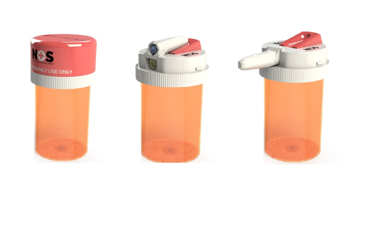 The CounterAct opioid antidote cap, covered, folded and extended.