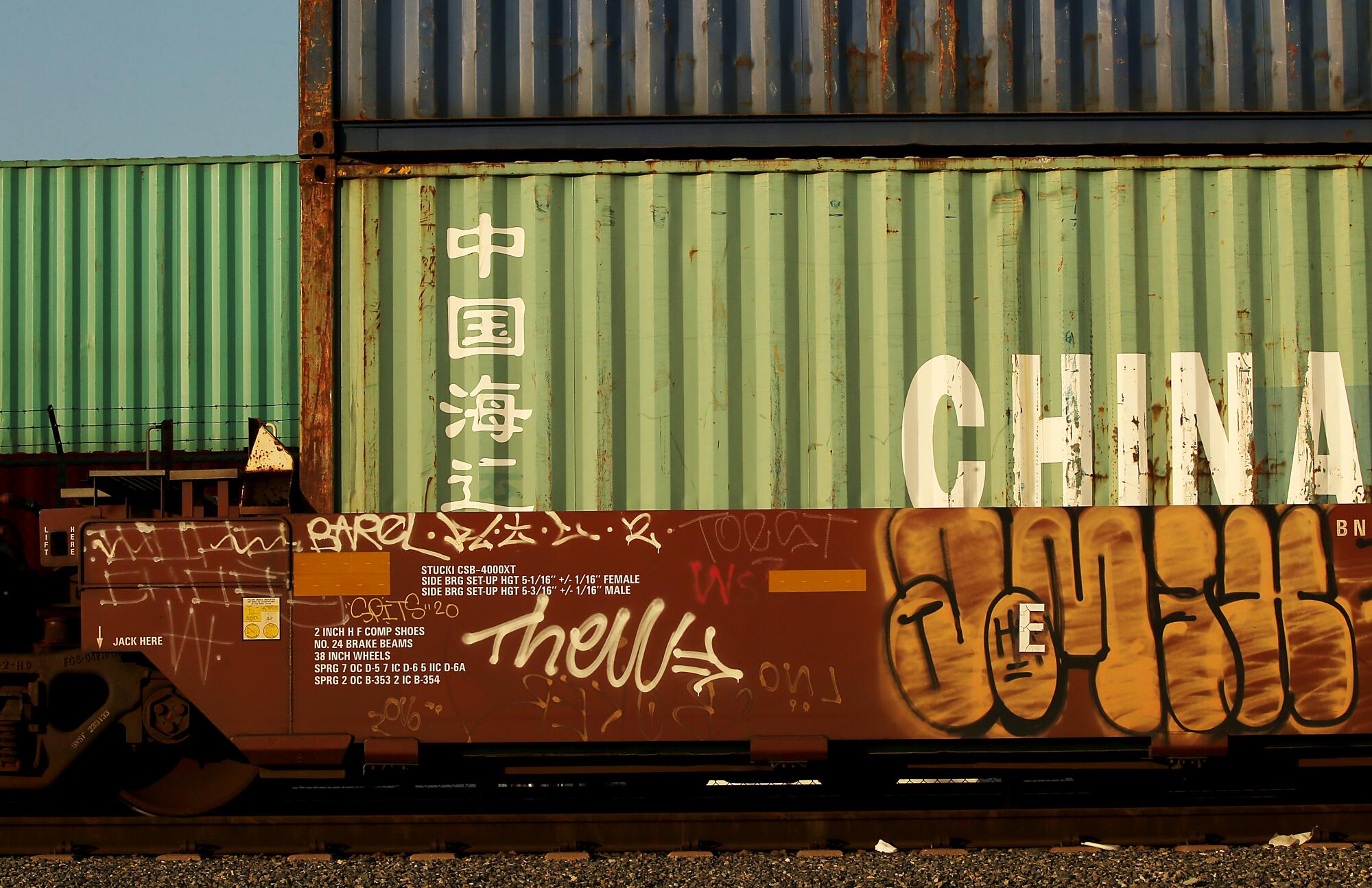 Cargo containers move by rail through the Port of Los Angeles 