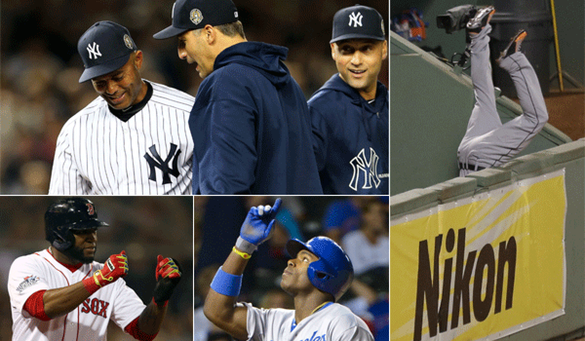 Clockwise from top left: New York Yankees closer Mariano Rivera is removed from the game by teammates Andy Pettitte and Derek Jeter; Detroit's Torii Hunter goes head-over-heals in a failed attempt to catch a grand slam by Boston's David Ortiz in Game 2 of the ALCS; Yasiel Puig provided a spark for the Dodgers; Ortiz helped propel the Red Sox to another World Series title.