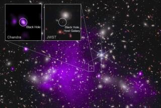 This annotated image provided by NASA on Monday, Nov. 6, 2023, shows a composite view of data from NASA’s Chandra X-ray Observatory and James Webb Space Telescope indicating a growing black hole just 470 million years after the big bang. It is the oldest black hole yet discovered. (NASA via AP)
