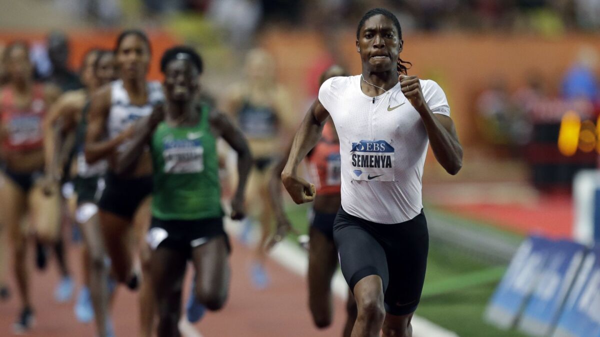 South Africa's Caster Semenya leads the women's 800-meter race at the IAAF Diamond League Athletics meet in Monaco in July.