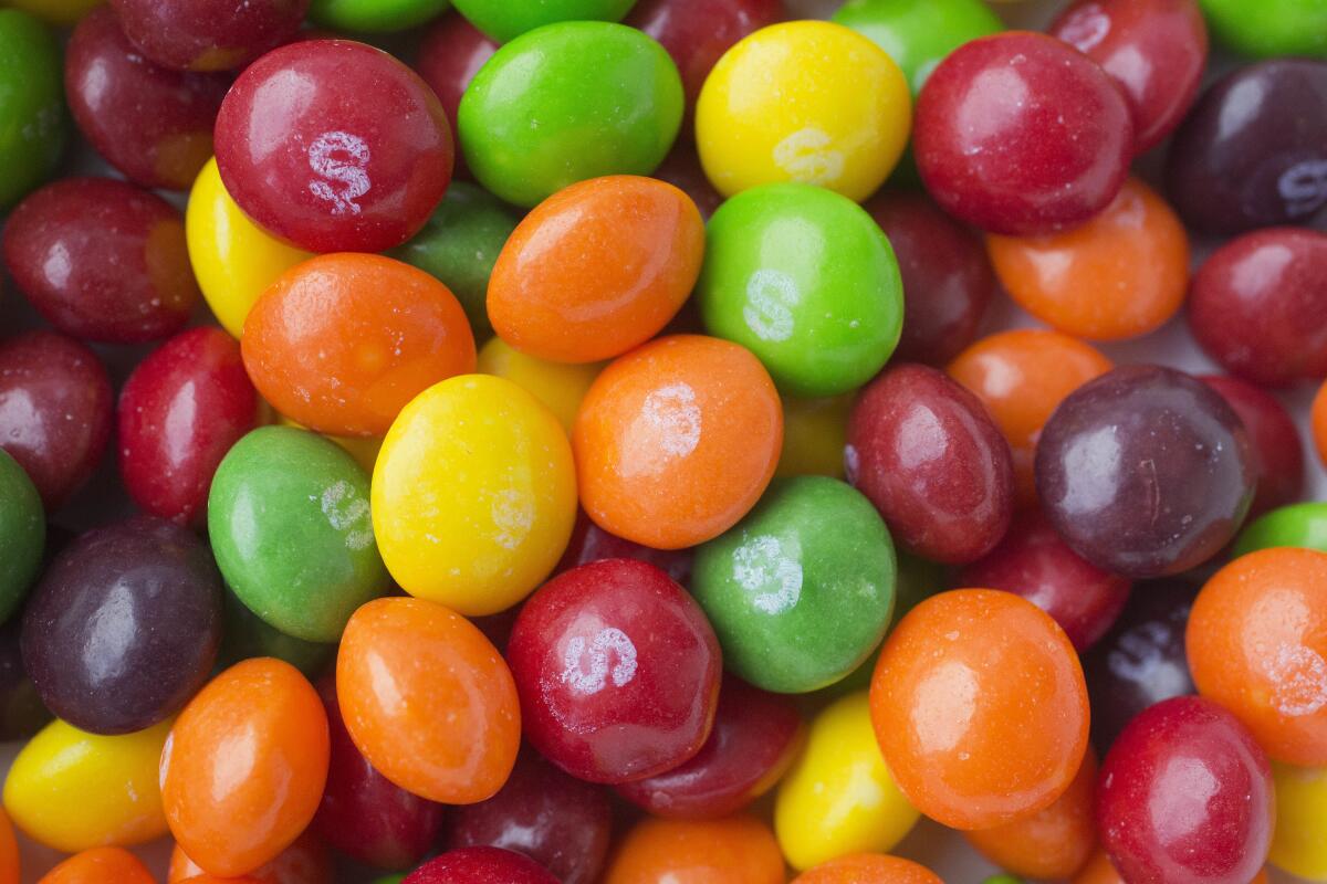 A close-up of Skittles.