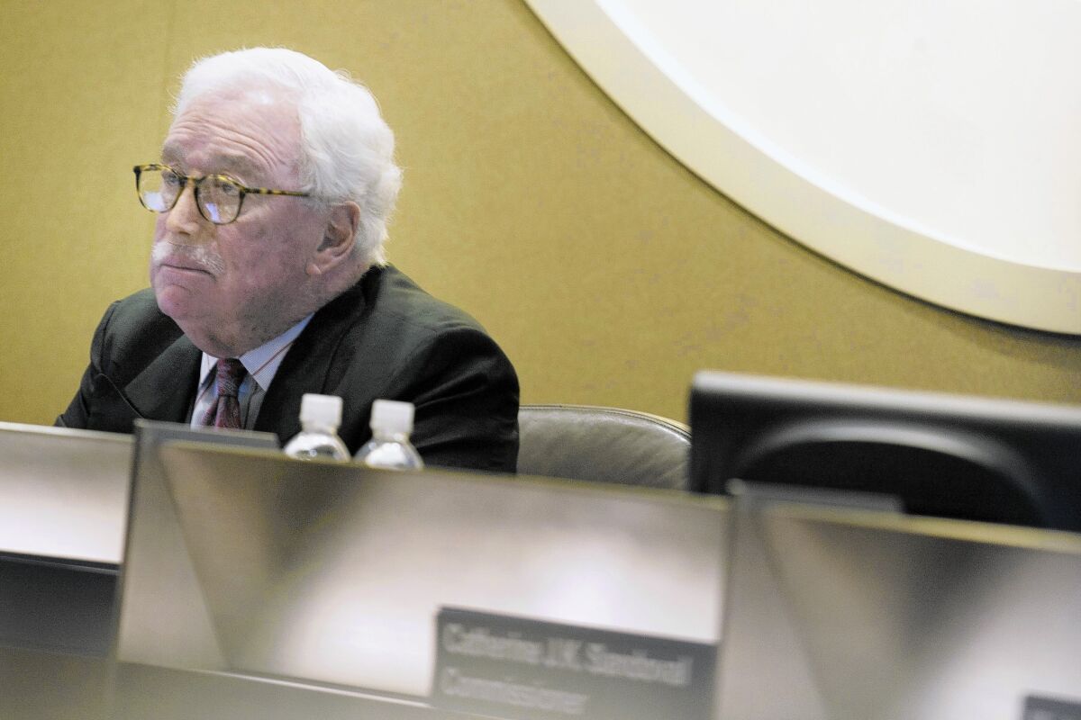 Michael Peevey, president of the California Public Utilities Commission, has removed himself from proceedings involving a fatal explosion in San Bruno. Above, he attends a meeting at the Metropolitan Water District board room in Los Angeles in May.