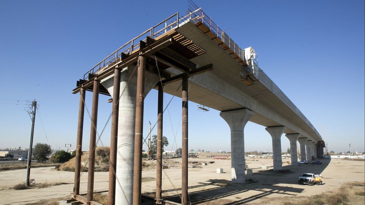 This 2017 file photo shows an elevated section of high-speed rail construction in Fresno.