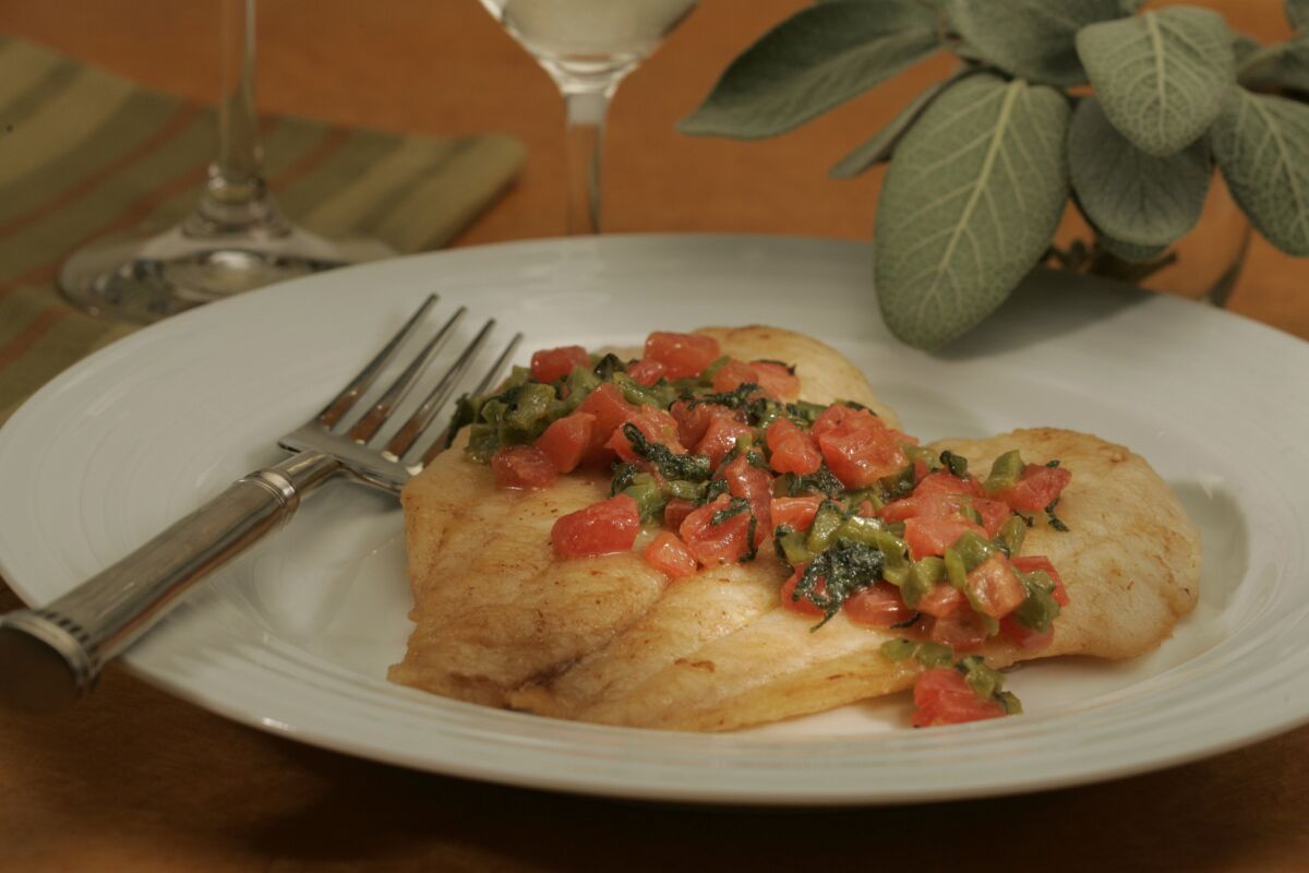 Recipe: Petrale sole with sage, poblano and tomatoes