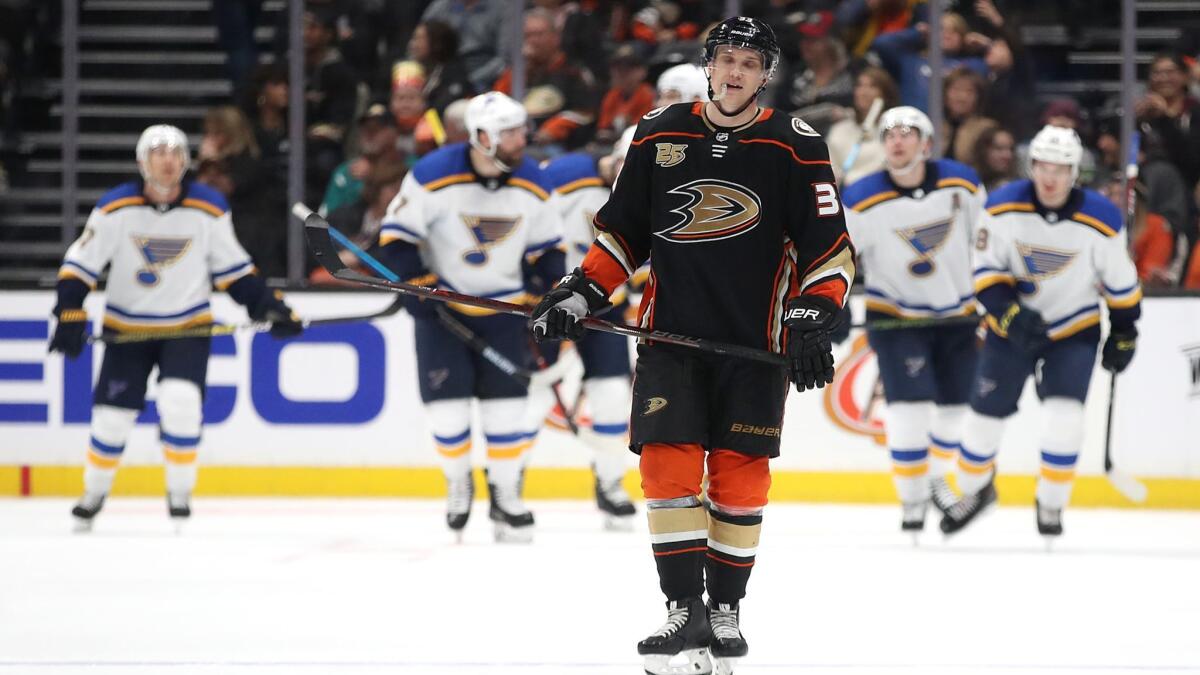 Ducks' Jakob Silfverberg looks on after a goal by the St. Louis Blues during the third period on Wednesday at the Honda Center.