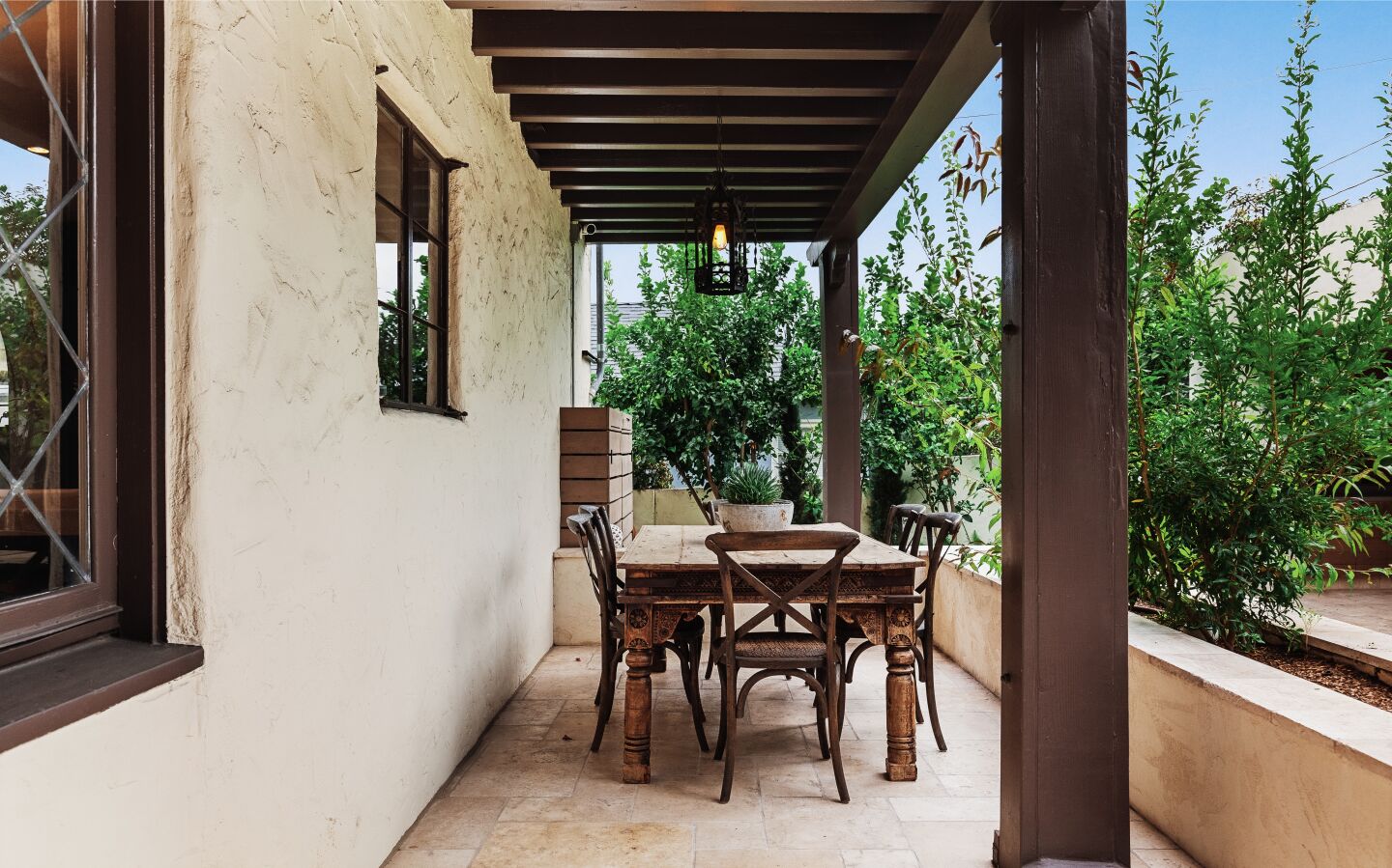 The patio with a dining set.