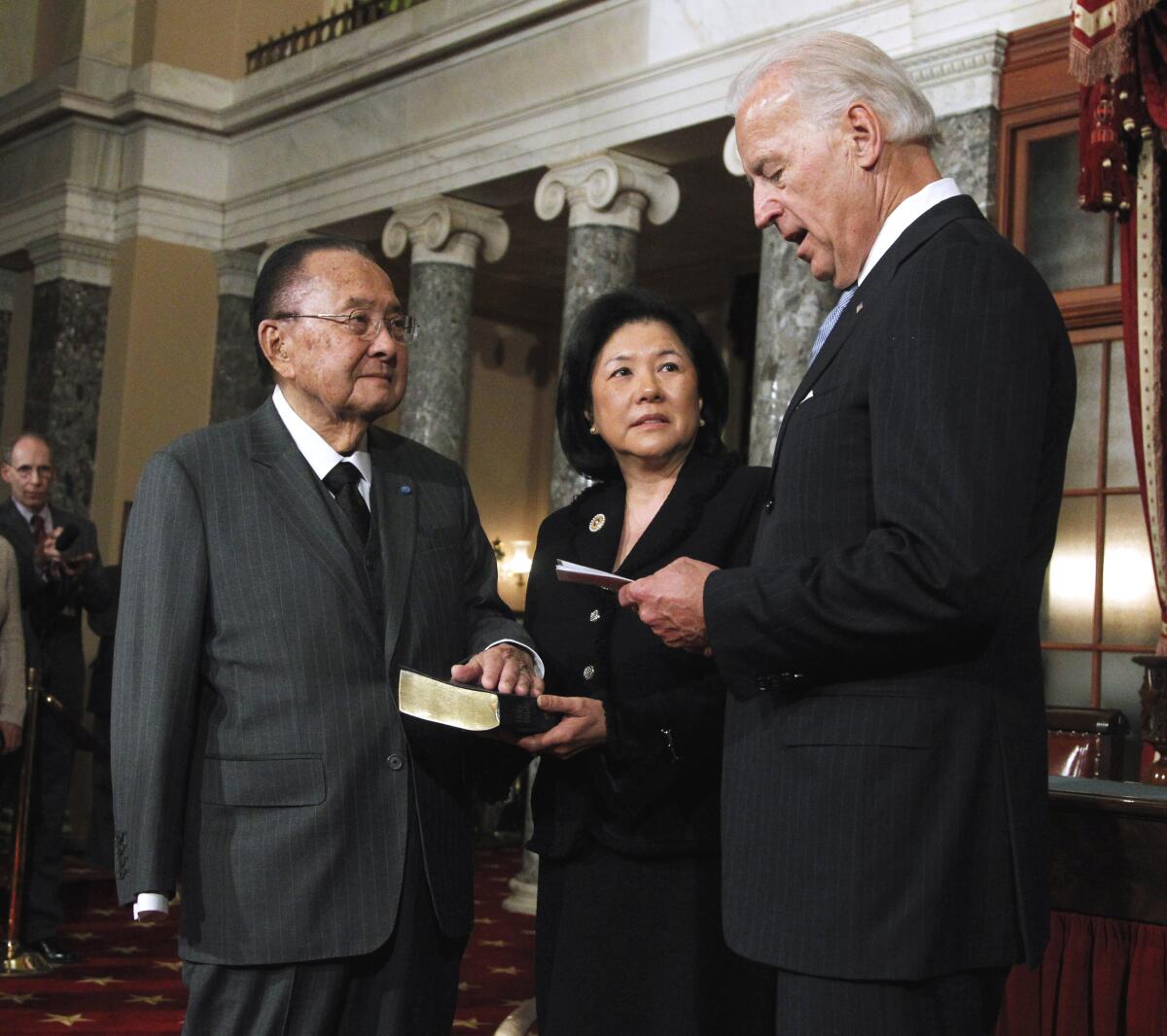 Irene Hirano Inouye, center, was the widow of the late U.S. Sen. Daniel K. Inouye, left, the powerful Hawaii Democrat who died in 2012.