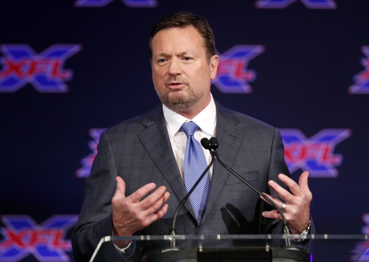 Former Oklahoma coach Bob Stoops speaks during an XFL news conference in February 2019.