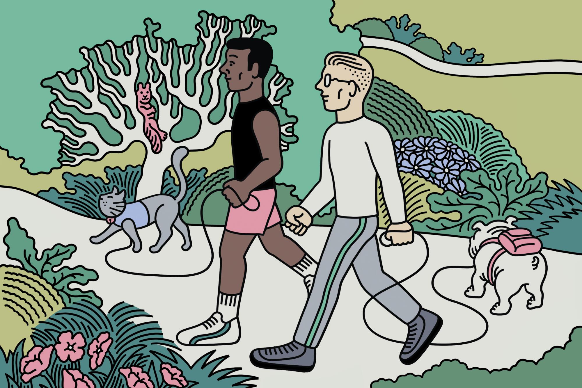 An illustration of two men hiking with their pets on leashes