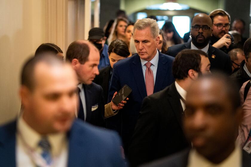 WASHINGTON, DC - JANUARY 03: Rep. Kevin McCarthy (R-CA) speaks with reporters following a GOP Caucus meeting in the U.S. Capitol Building on Tuesday, Jan. 3, 2023 in Washington, DC. Today members of the 118th Congress will be sworn in and the House of Representatives will hold votes on a new Speaker of the House. (Kent Nishimura / Los Angeles Times)
