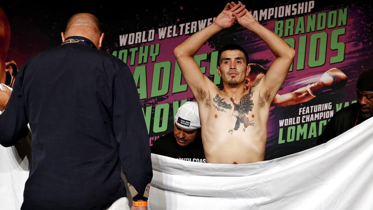 Brandon Rios strips down behind a sheet Friday in Las Vegas to weigh in for his welterweight title fight against Timothy Bradley.