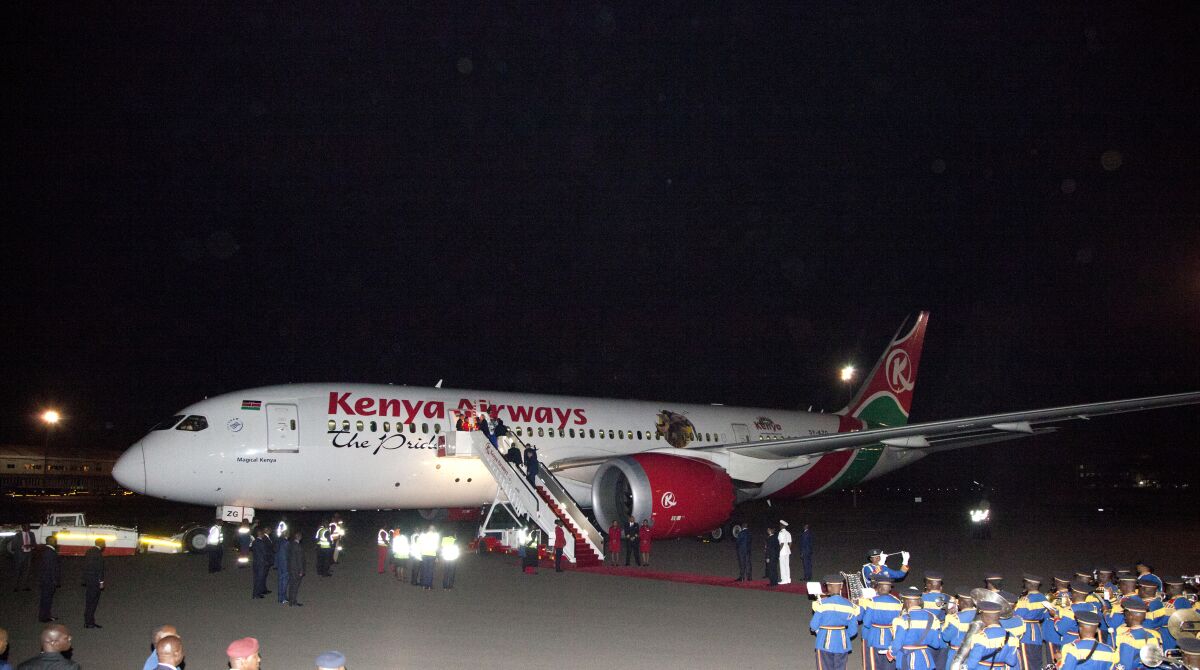 FILE - Kenya Airways Boeing 787 Dreamliner is parked on runway at Jomo Kenyatta International airport, Nairobi, Kenya, Sunday, Oct. 28, 2018, to commence its first non-stop flight, direct to New York City Sunday from the Jomo Kenyatta International Airport, Nairobi, Kenya. The airline that flew a load of monkeys to the U.S. who were later involved in a highway wreck says it will stop this shipments this month. Kenya Airways says it will not renew its contract with the monkey provider, whom it did not identify. On Jan. 21, 2022 a truck towing a trailer with the monkeys in crates collided with a dump truck on a Pennsylvania highway. Several escaped, and authorities said three had to be euthanized.(AP Photo/Sayyid Abdul Azim)