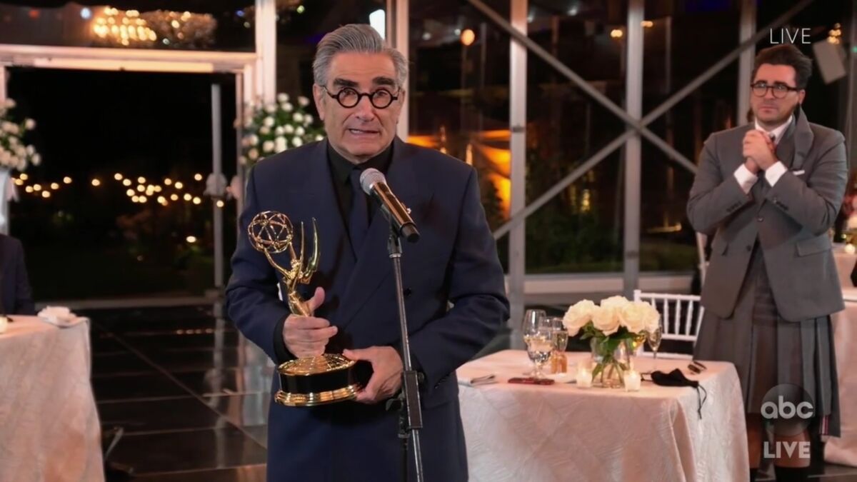 Winner Eugene Levy pictured in a screen grab from the telecast of the 72nd annual Emmy Awards 