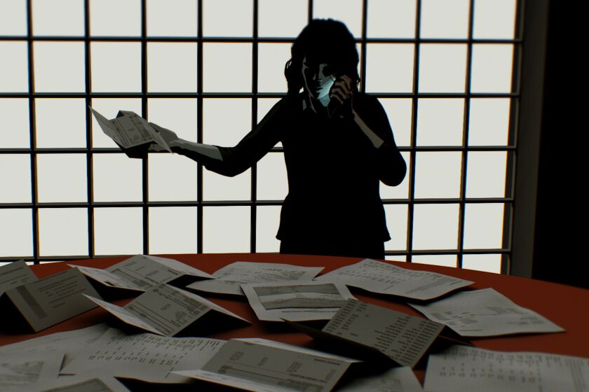 Illustration shows a silhouette of a woman on the phone surrounded by paperwork.