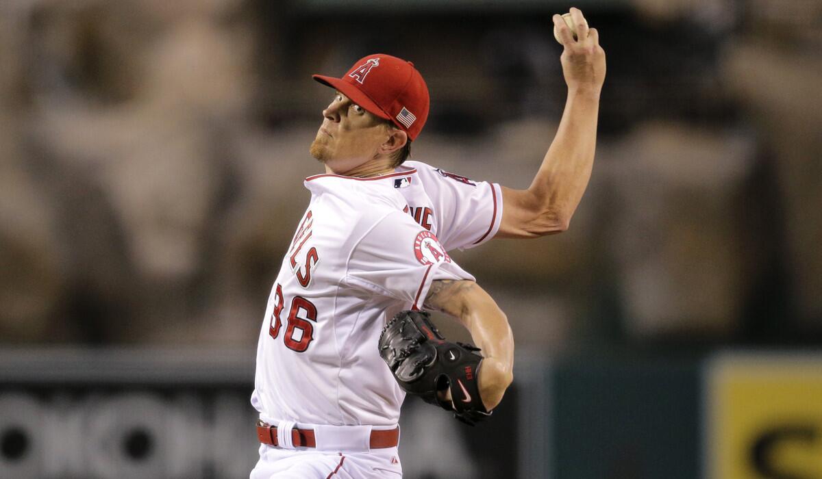 Angels starting pitcher Jered Weaver throws against the Houston Astros during the first inning on Friday.