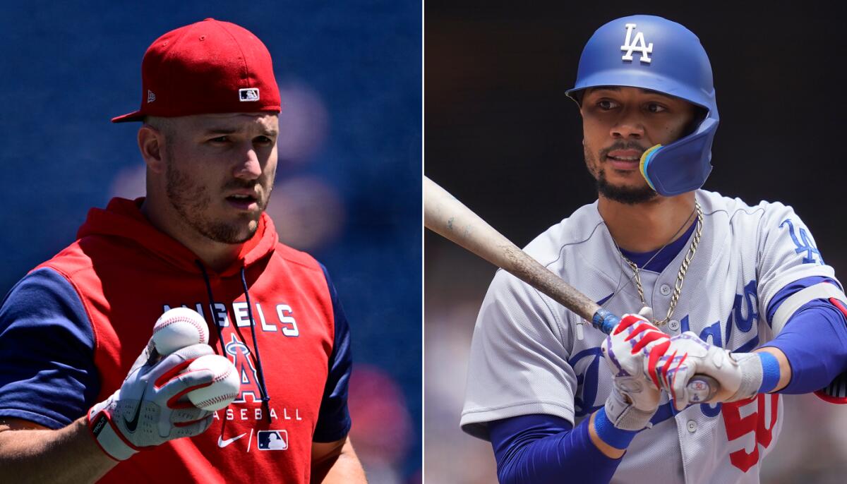 Angels center fielder Mike Trout, left, and Dodgers right fielder Mookie Betts.