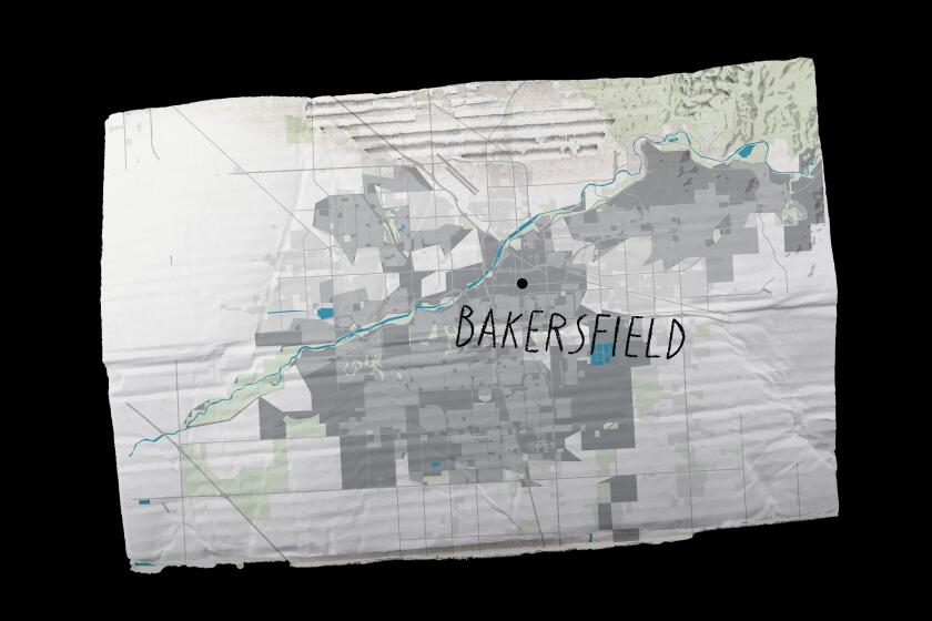 Map of Bakersfield, CA on a crumpled cardboard sign