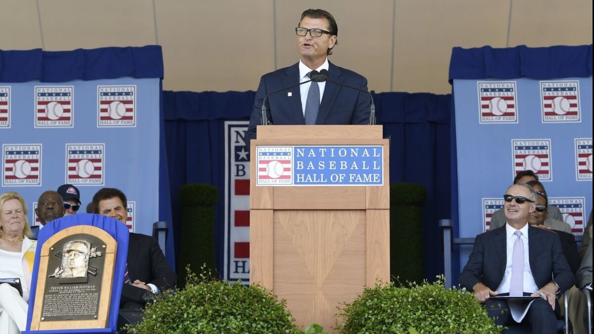 Trevor Hoffman speaks during the National Baseball Hall of Fame inductee induction ceremony Sunday.