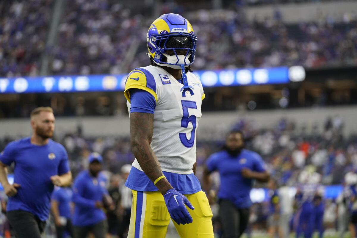 Rams cornerback Jalen Ramsey walks on the field against the Buffalo Bills on Sept. 8, 2022.