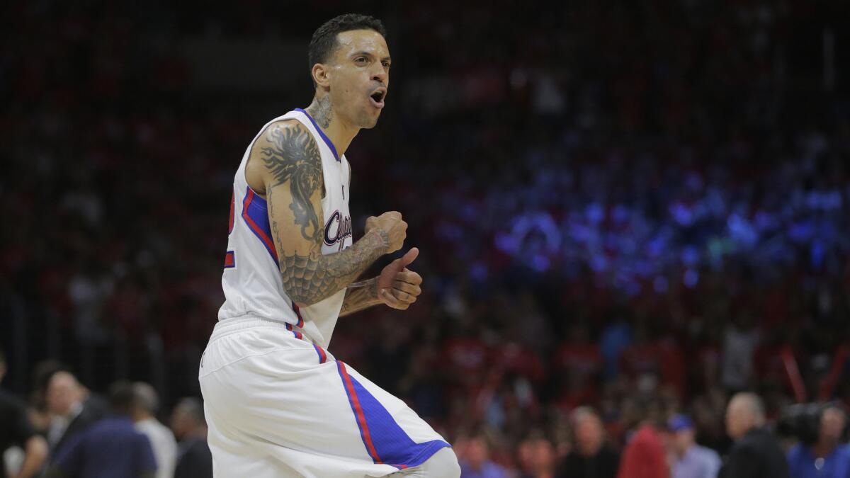 Clippers small forward Matt Barnes celebrates after teammate Chris Paul hits the winning basket in Game 7 of the Western Conference quarterfinals against the San Antonio Spurs on May 2.