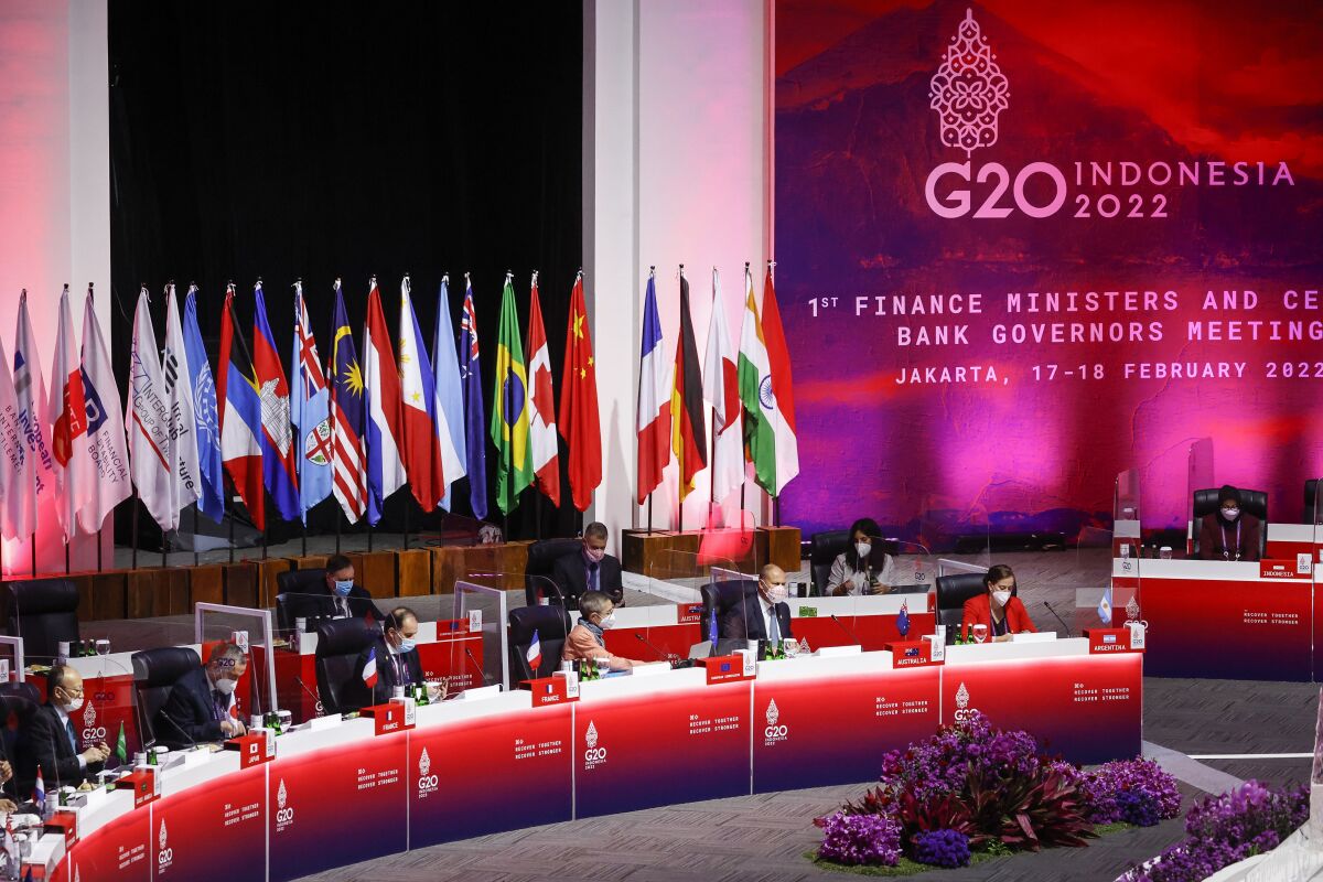 Delegates convene during the opening ceremony of the G20 Finance Ministers and Central Bank Governors Meeting in Jakarta, Indonesia, Thursday, Feb. 17, 2022. Indonesia is scheduled to host the summit of the Group of 20 biggest economies' leaders later this year. (Mast Irham/Pool Photo via AP)