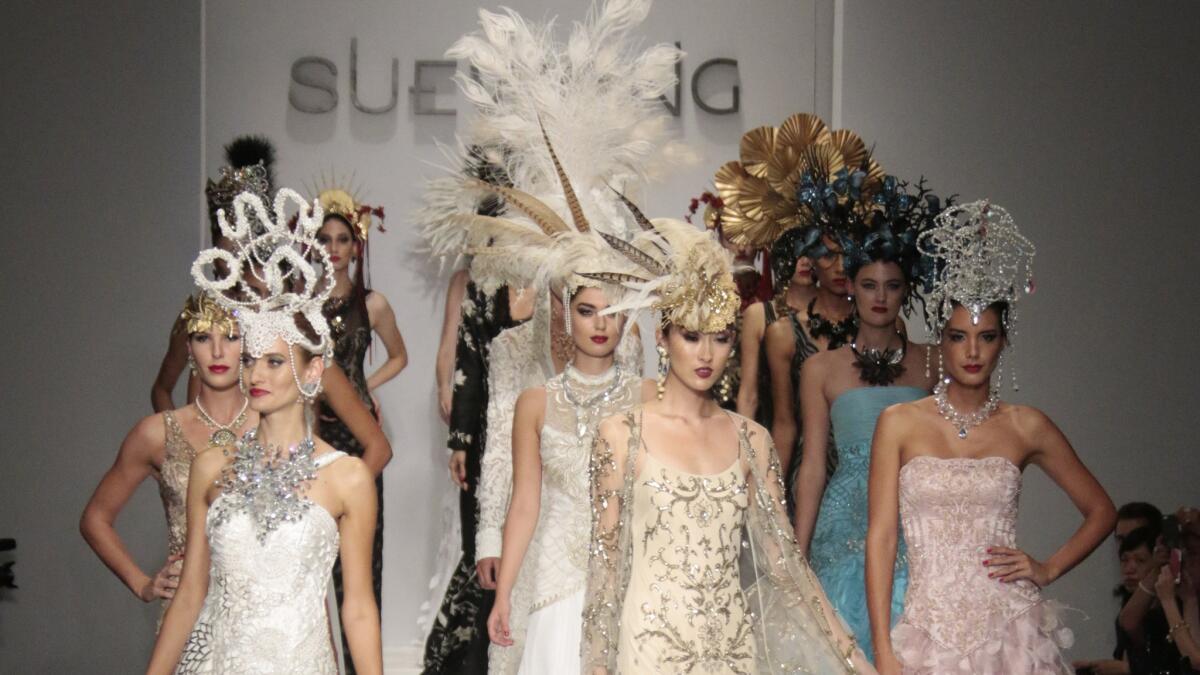 Looks from Sue Wong's runway show during Style Fashion Week in Los Angeles last October. Her next show will be Monday at Taglyan Complex in Hollywood.
