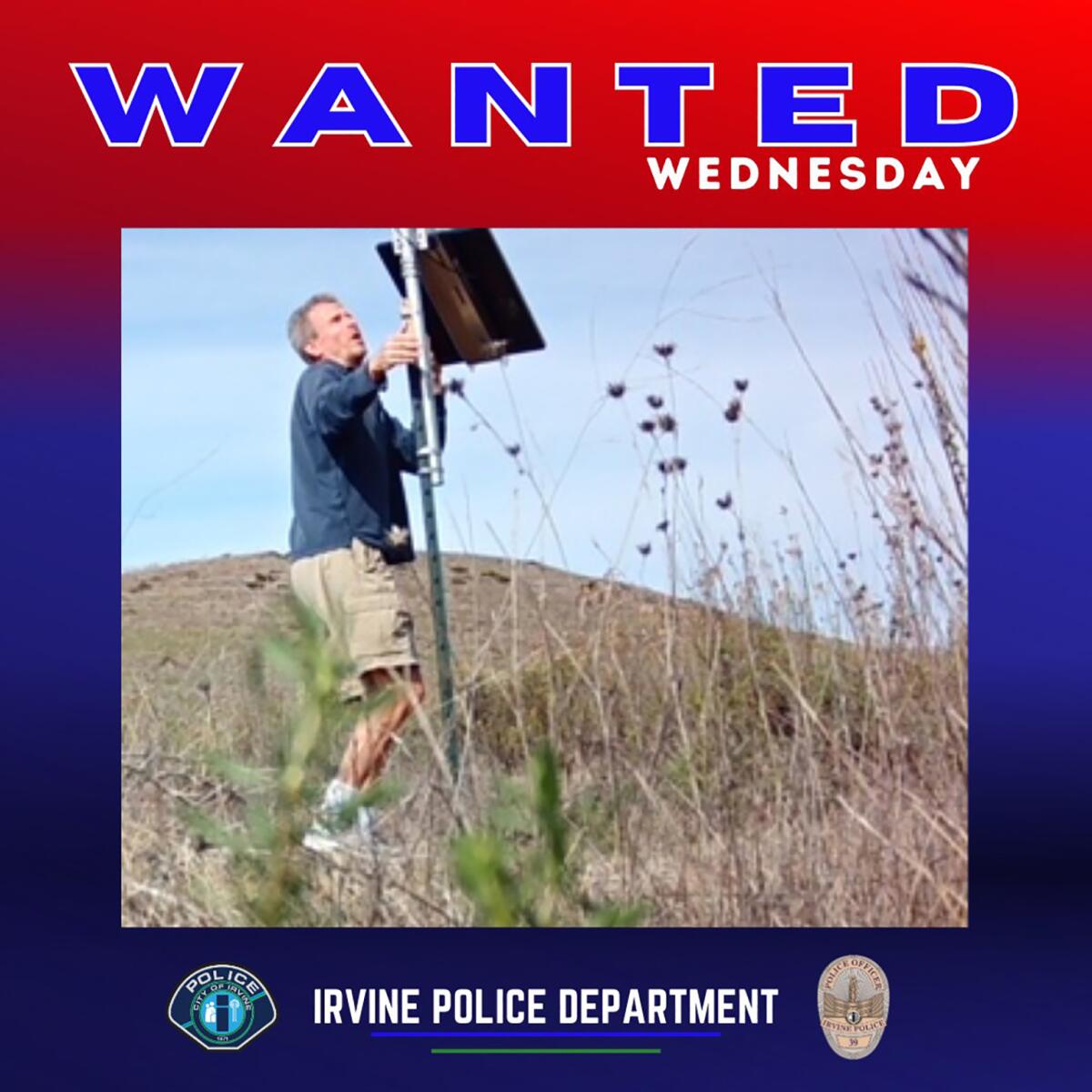 A wanted poster shows a gray-haired man in shorts handling equipment on a metal pole amid weeds and grass.