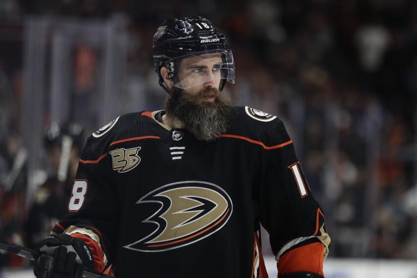 Anaheim Ducks' Patrick Eaves skates during the second period of an NHL hockey game against the New York Rangers Thursday, Nov. 1, 2018, in Anaheim, Calif. (AP Photo/Jae C. Hong)