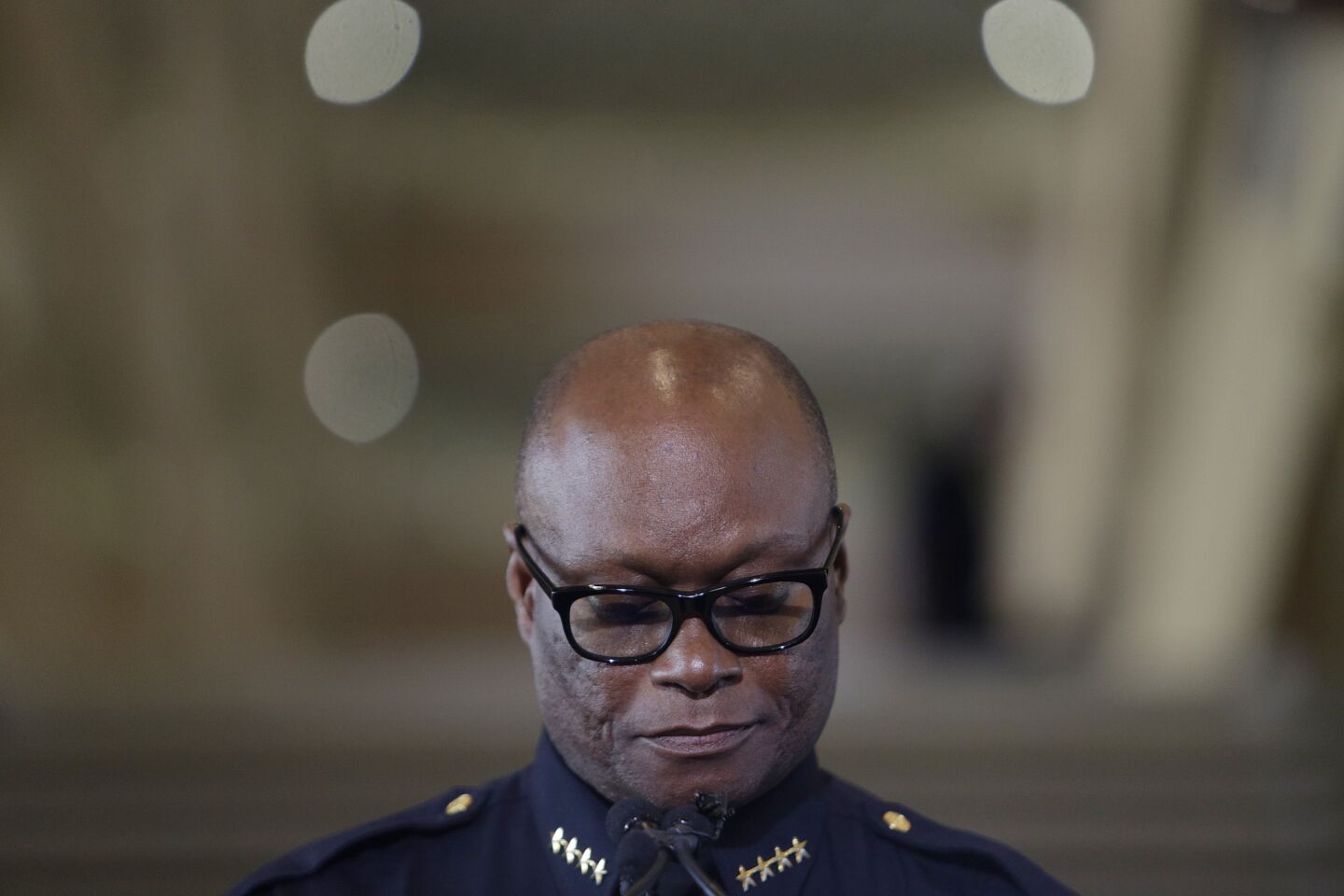 During a news conference Friday, Dallas Police Chief David Brown collects himself while talking about Thursday night's deadly shooting.