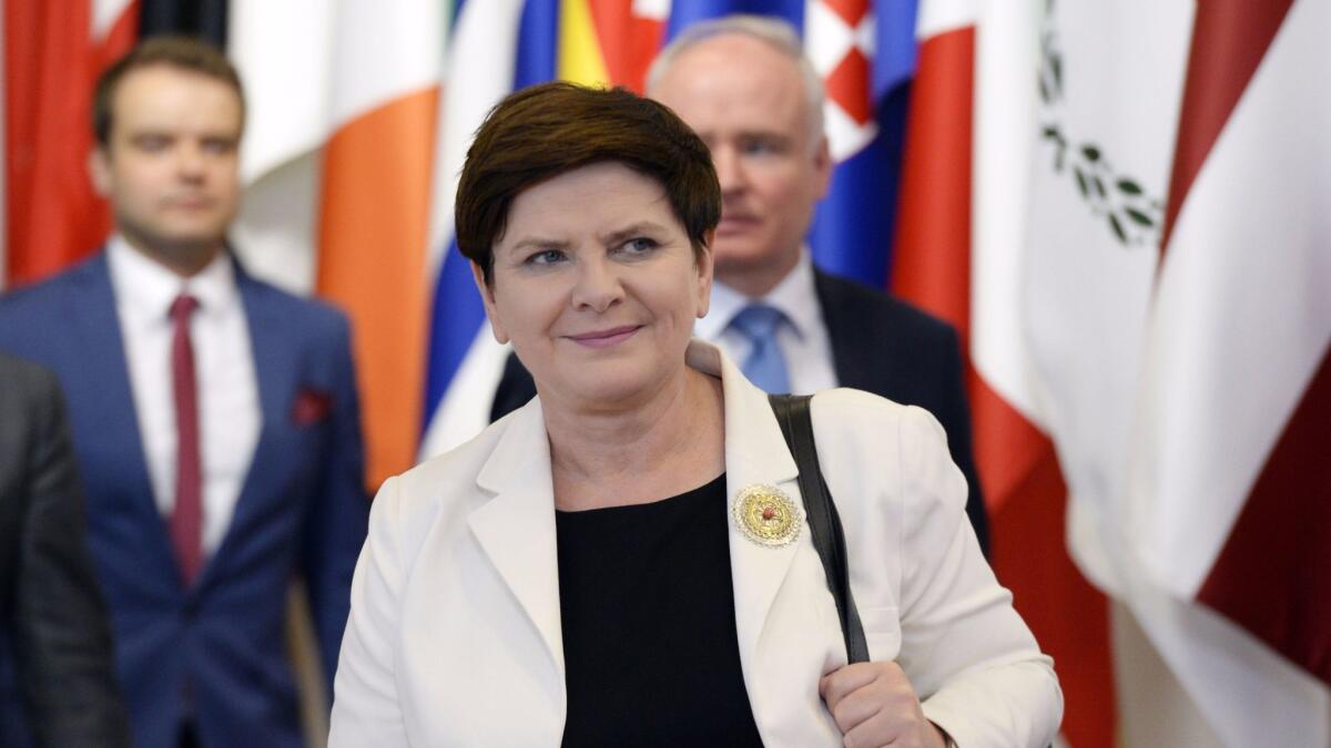 Polish Prime Minister Beata Szydlo leaves the European Council in Brussels after the European Union leaders summit June 23.