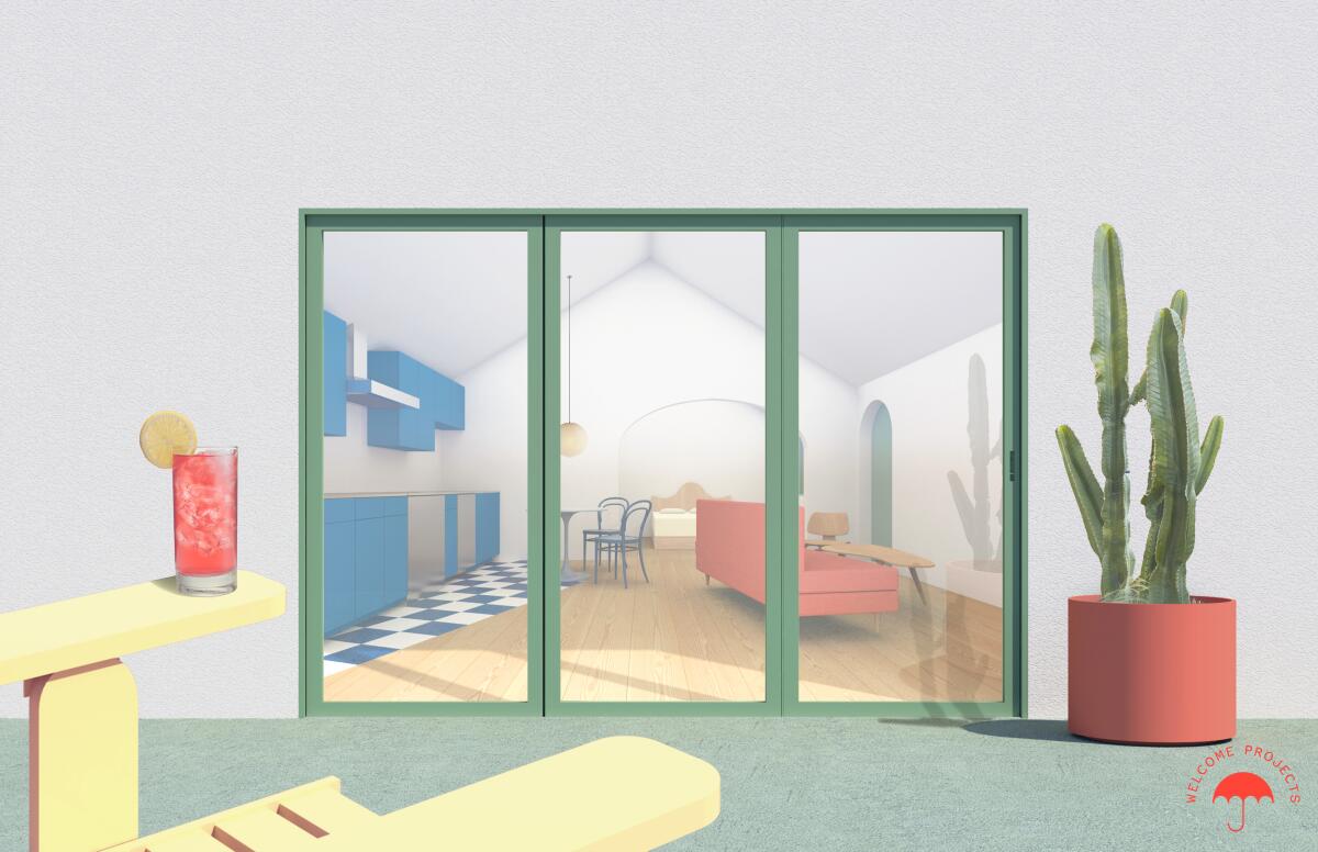 A digital rendering show an interior view of a Modern apartment through sliding glass windows