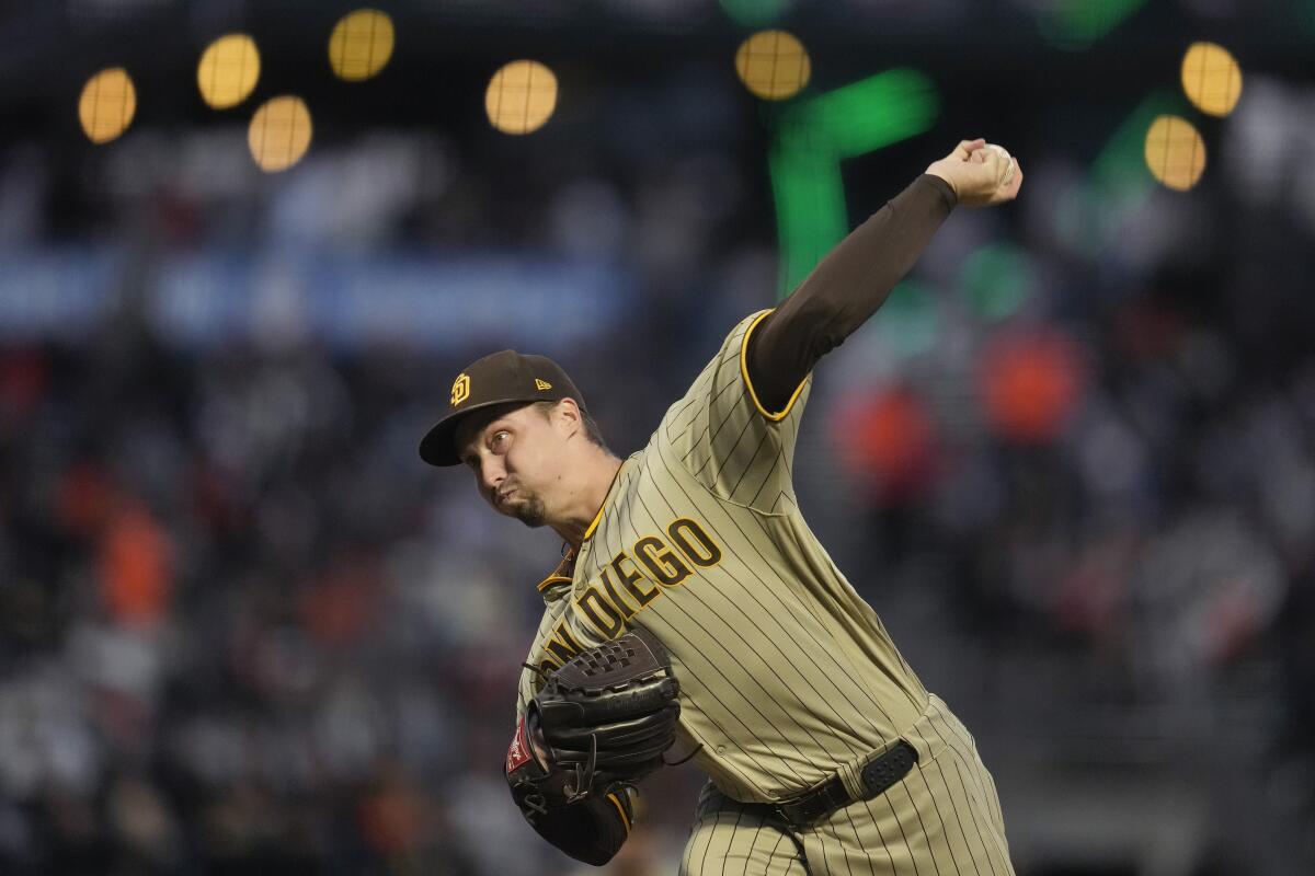 San Diego Padres pitcher Blake Snell works against the San Francisco Giants.