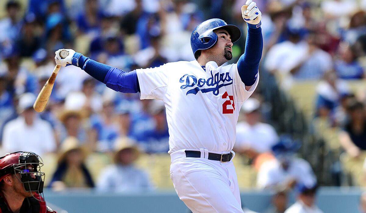 Dodgers first baseman Adrian Gonzalez hits a home run against Arizona in September.