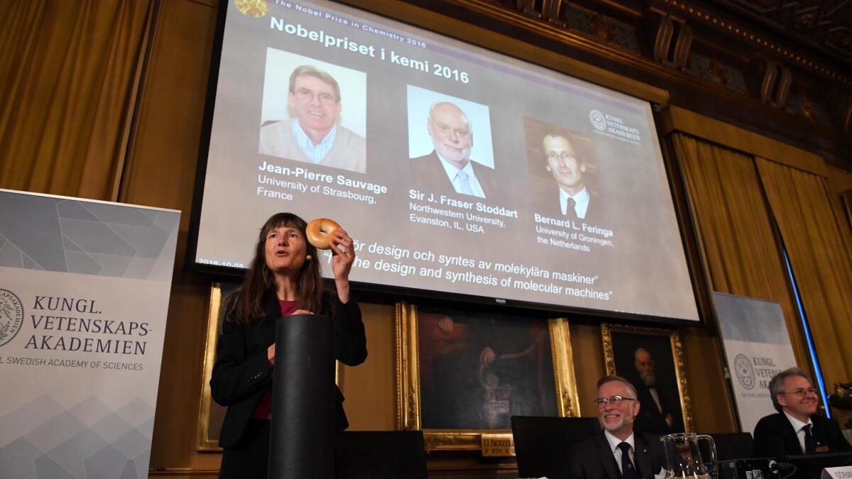 Royal Academy of Sciences members speak about the 2016 Nobel Chemistry Prize in Stockholm on Wednesday. Jean-Pierre Sauvage, Fraser Stoddart and Bernard Feringa have been awarded the Nobel chemistry prize.