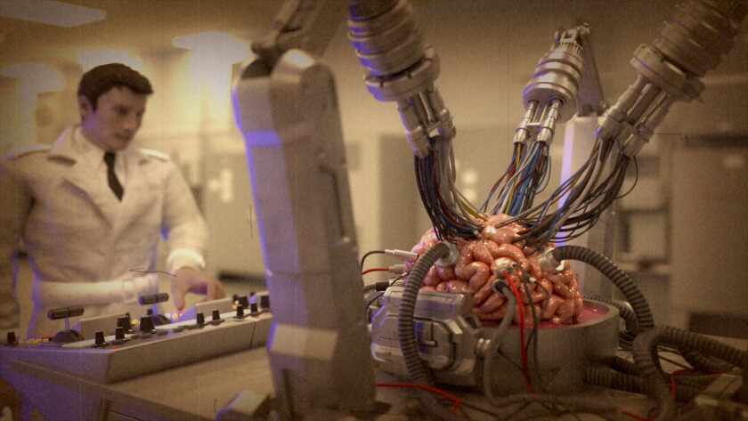 An animated image of a man operating a machine hooked up to a human brain from the movie "A Glitch in the Matrix."