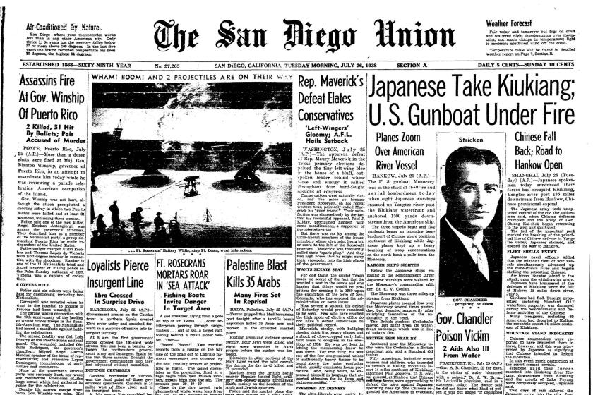 Front page of The San Diego Union, Tuesday July 26, 1938.