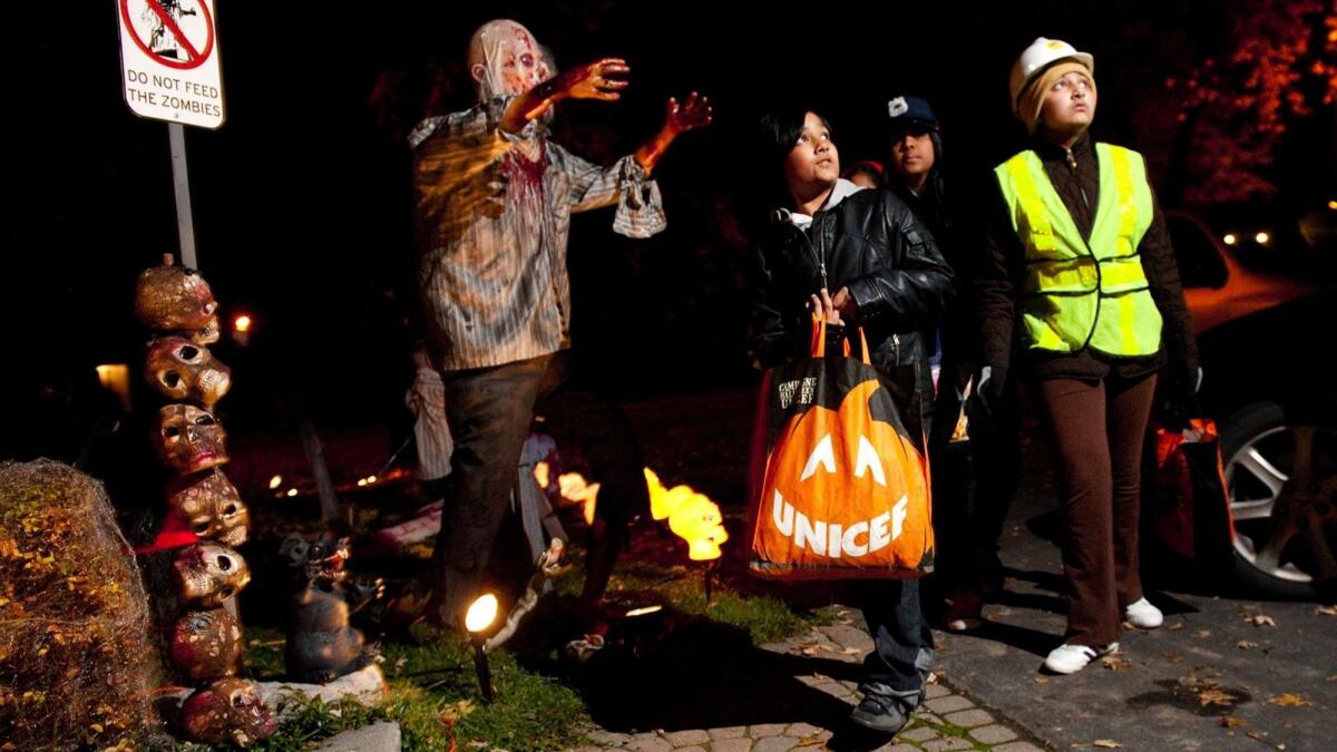 Children go trick-or-treating at night. Data from the U.S. government show that pedestrians are far more likely to be killed on Halloween than on comparable days before or after.