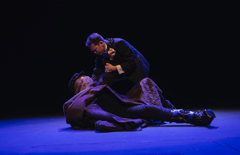 Tom Vitorino, bottom, and John Ralston Craig costar in a new production of “The Elephant Man” at the El Portal Theatre.