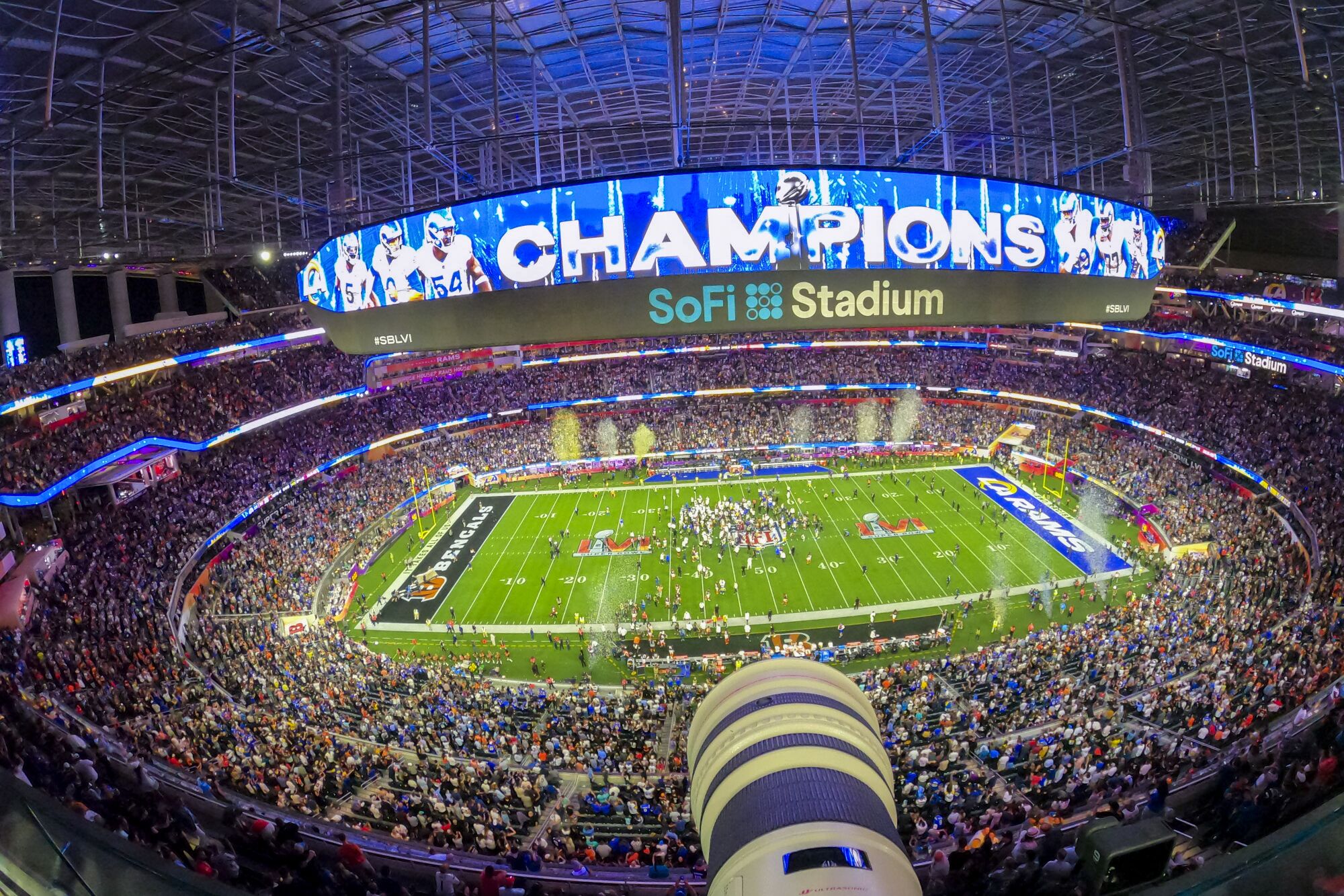 A general view of SoFi Stadium in the final moments of Super Bowl LVI.