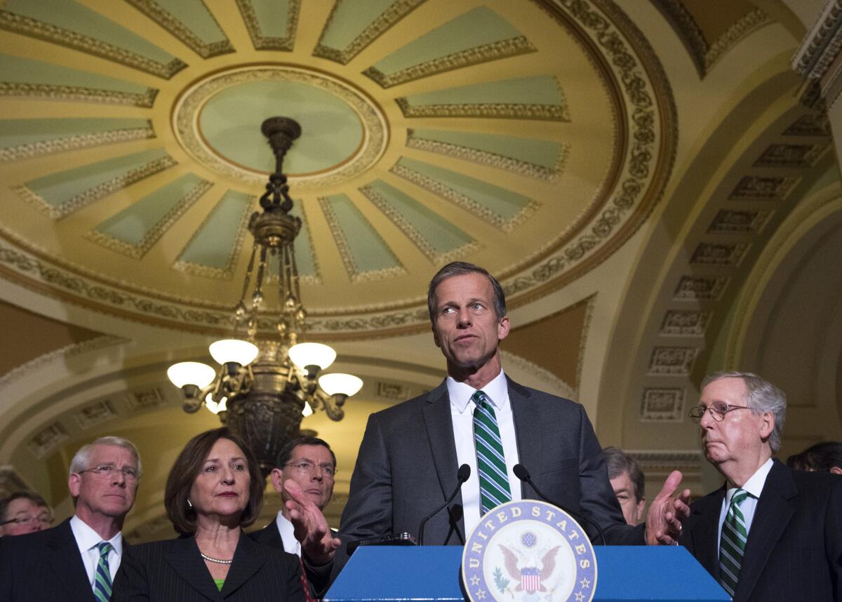 Senate Commerce Committee Chairman John Thune (R-S.D.) speaks to reporters on Capitol Hill in Washington on March 17.