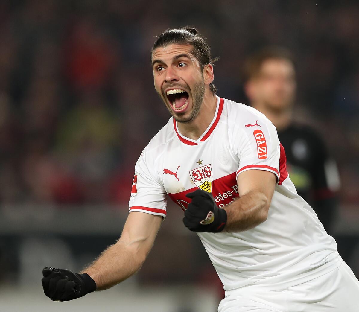 Emiliano Insua celebrates after scoring for VfB Stuttgart on Feb. 3 in a match against Sport-Club Freiburg.