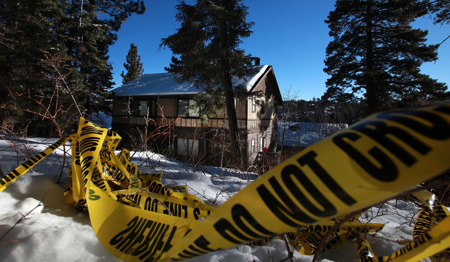 Crime scene tape at Mountain Vista Resort on Wednesday in the Big Bear Lake area. A unit at the condominium complex is where authorities believe Christopher Dorner hid from law enforcement until he was found by two women who came to clean the unit.